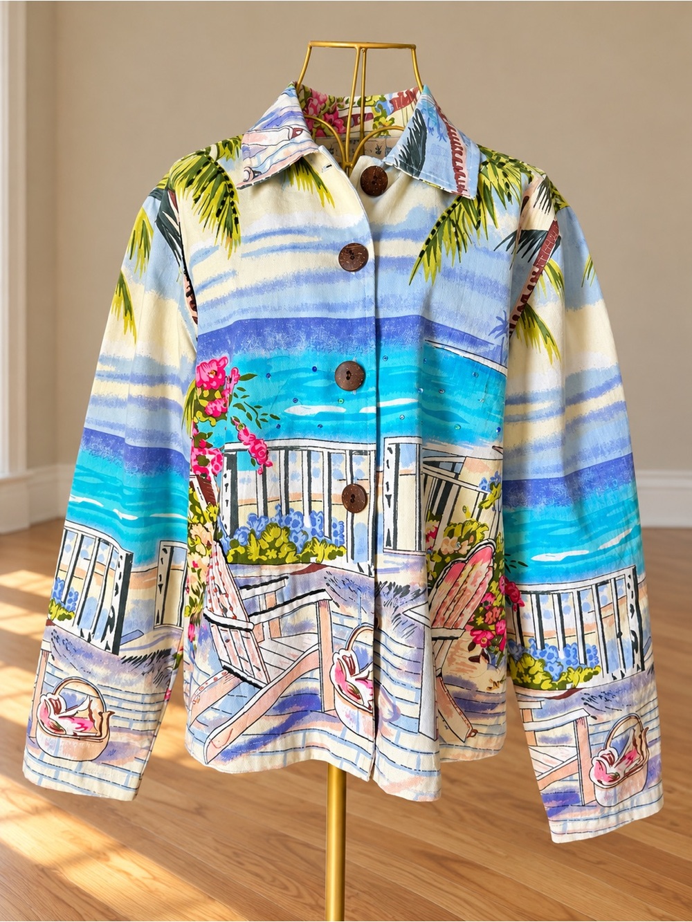 Life Style 100% Cotton Tropical Beach Scene Button Front Jacket Size M
